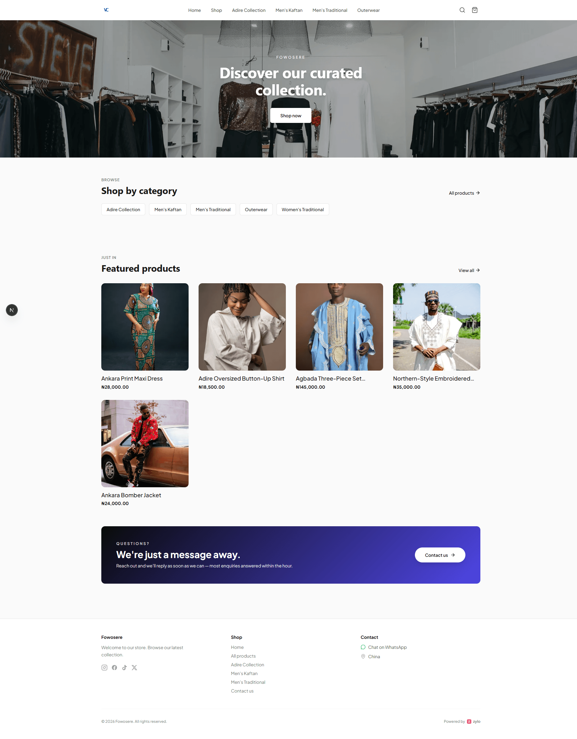 Classic template storefront — hero image, category grid, featured products.