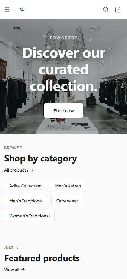 Zylo storefront rendered on a mobile device — hero banner, category pills, and the first row of products.