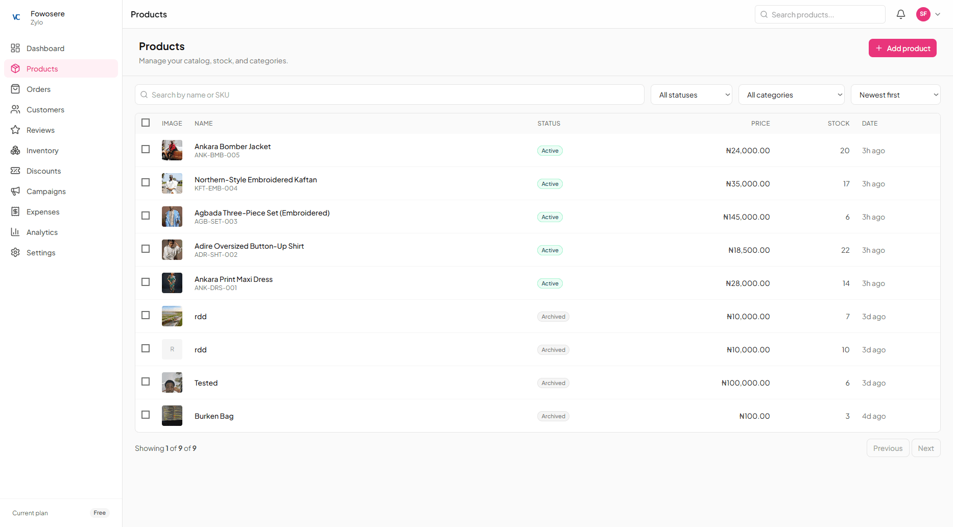 Products page — searchable product list with thumbnails, status pills, category, stock counts, and bulk-actions bar.
