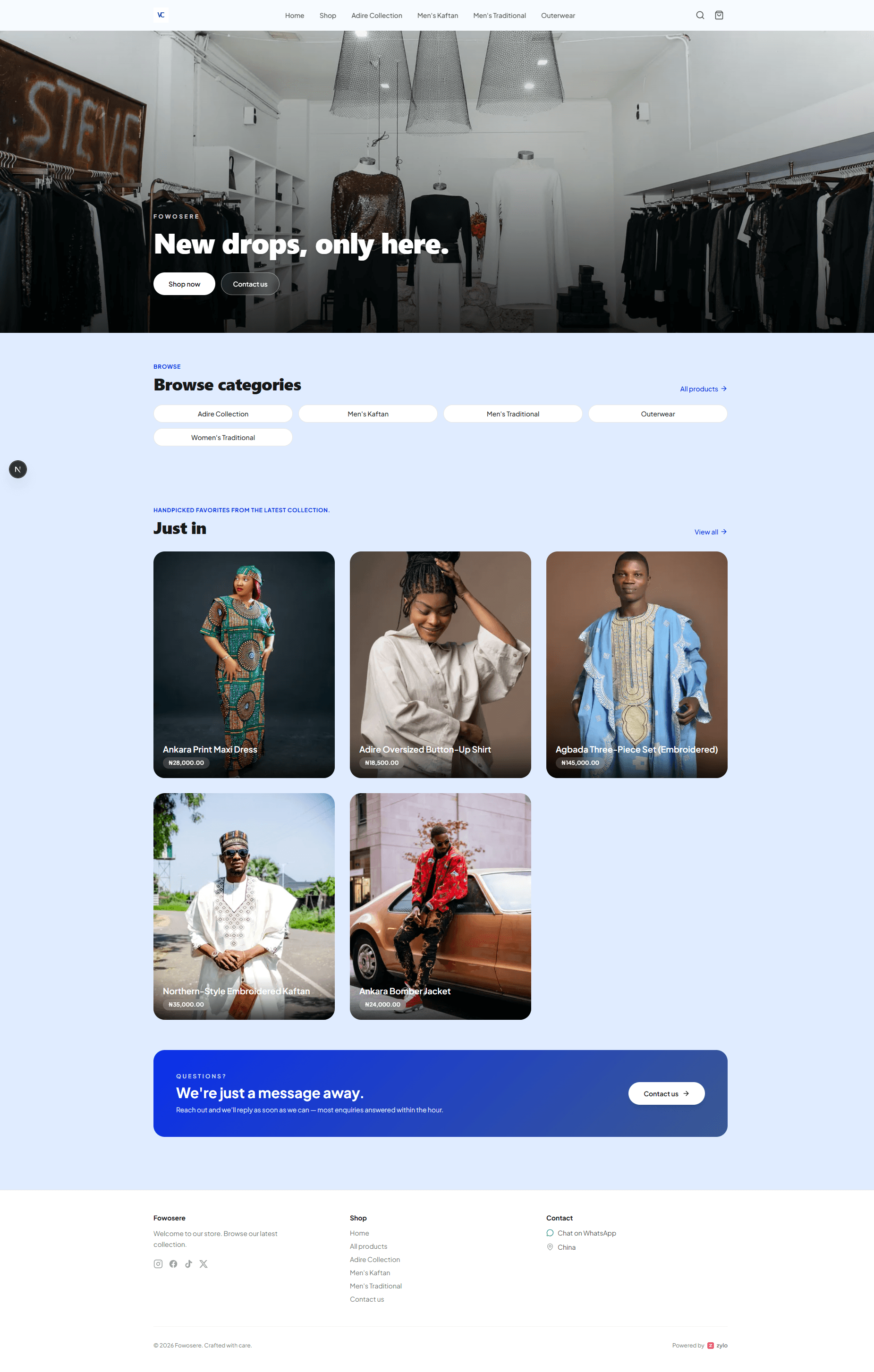 Showcase template storefront — immersive hero and editorial grid.